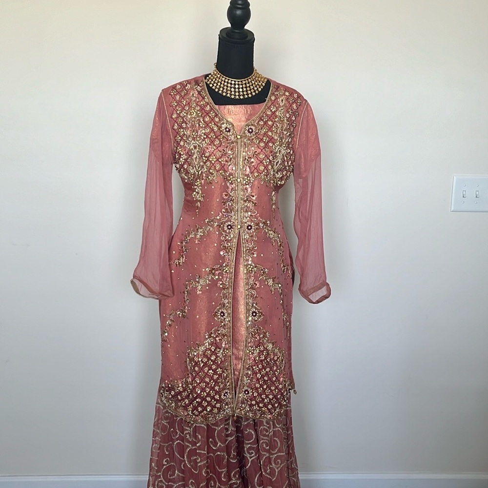 Embroidered Pink and Gold Sharara Dress